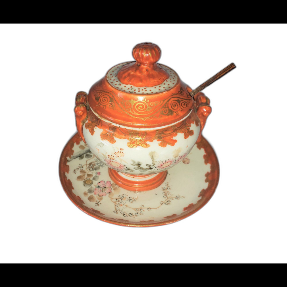 Antique Kutani Pot with Lid and Bamboo Spoon  Hand-Painted Floral Design 1900s